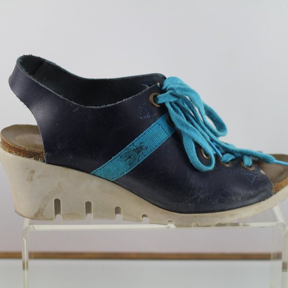 Vintage Fly Girl Blue Leather Peep Toe Wedges - Picture 3 of 15